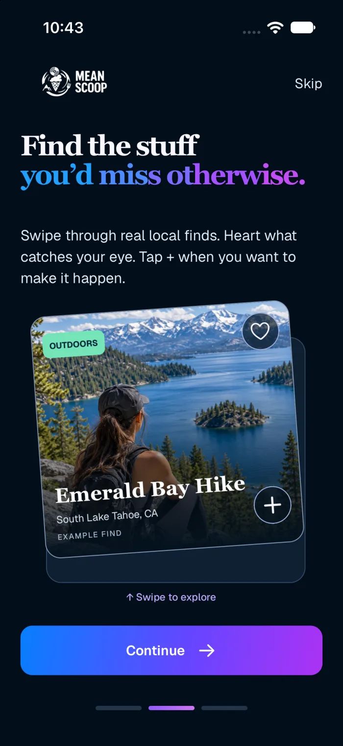 MeanScoop iOS onboarding with an Emerald Bay find